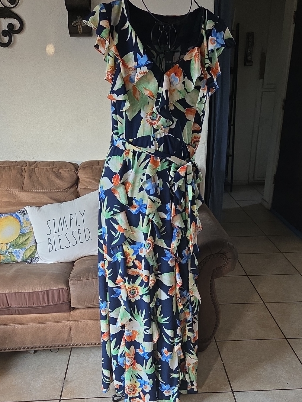 Ralph Lauren Navy Floral Ruffle  Maxi Dress with Orange & Green Accents